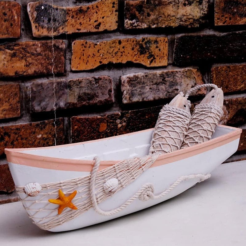 WHY Decor White Wooden Boat Tray Decor Decorative Nautical Boat Ornament Decor Wood Boat Tray Decorations Beach Theme Bathroom Decor Boats Shelf Decor 17 Inch - Image 1